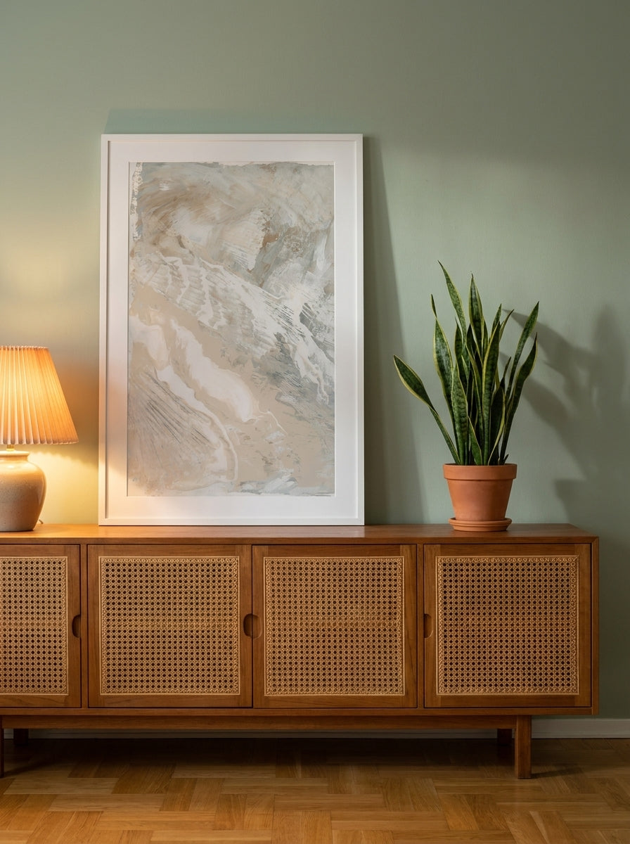 Modern wall art print standing on a sideboard in a mid-century bedroom