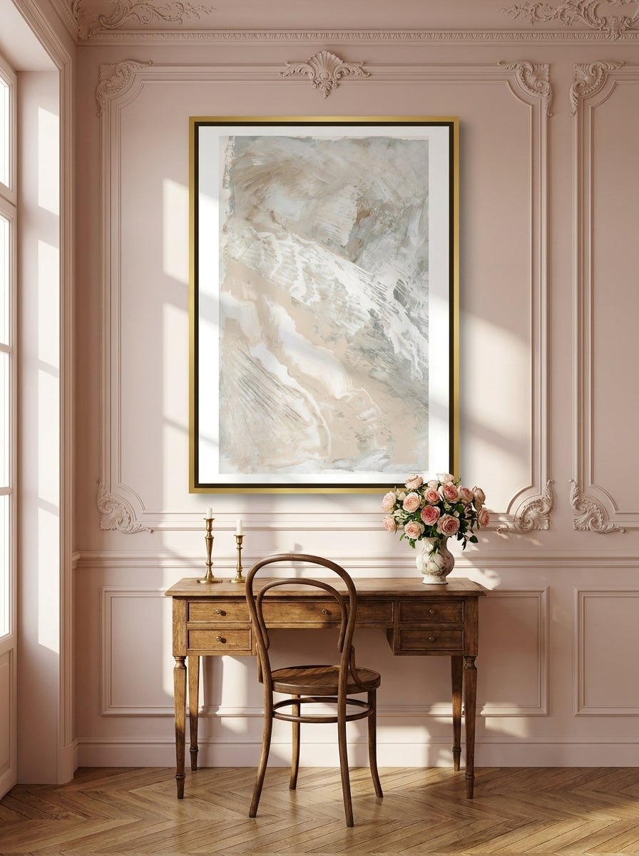 Canvas wall art with a gold leaf surround styled on the wall in a Parisian home office