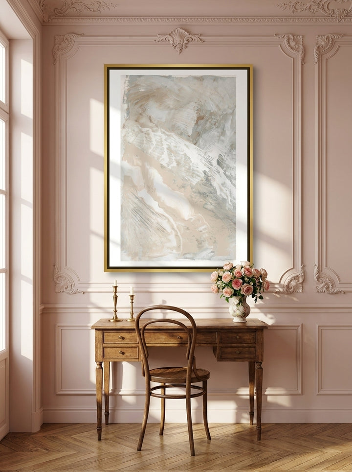 Canvas wall art with a gold leaf surround styled on the wall in a Parisian home office