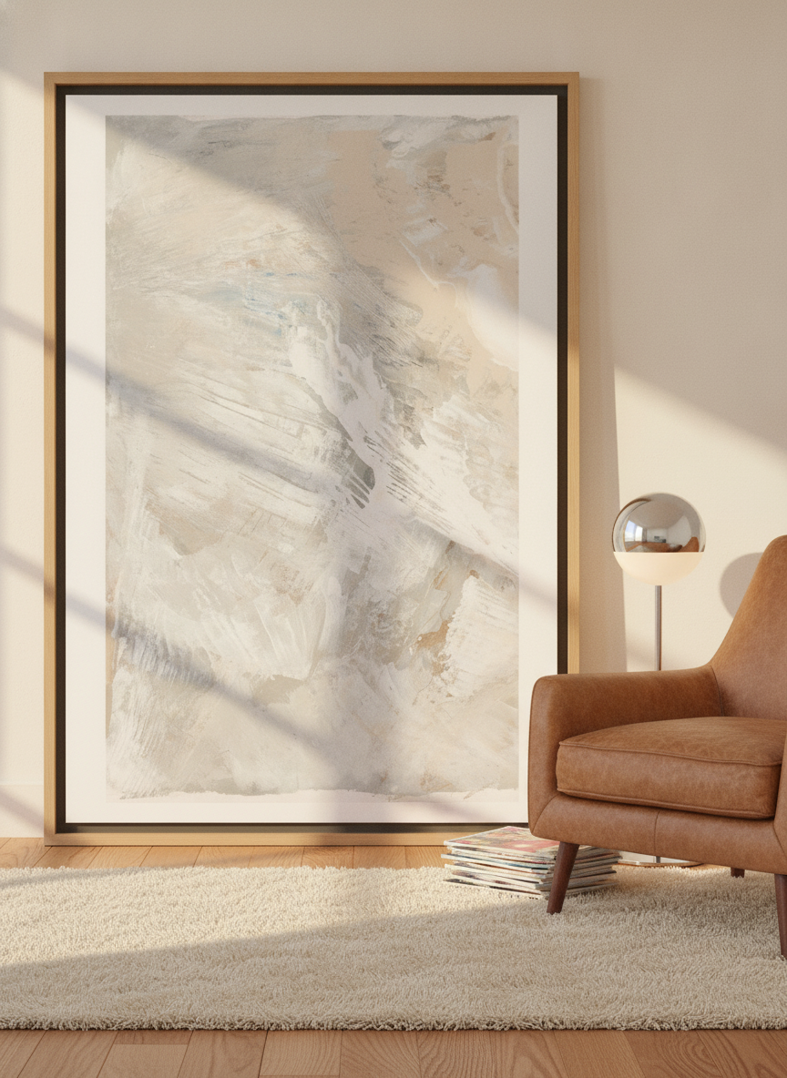Canvas wall art with a natural timber surround leaning against the wall in a retro 70s home office
