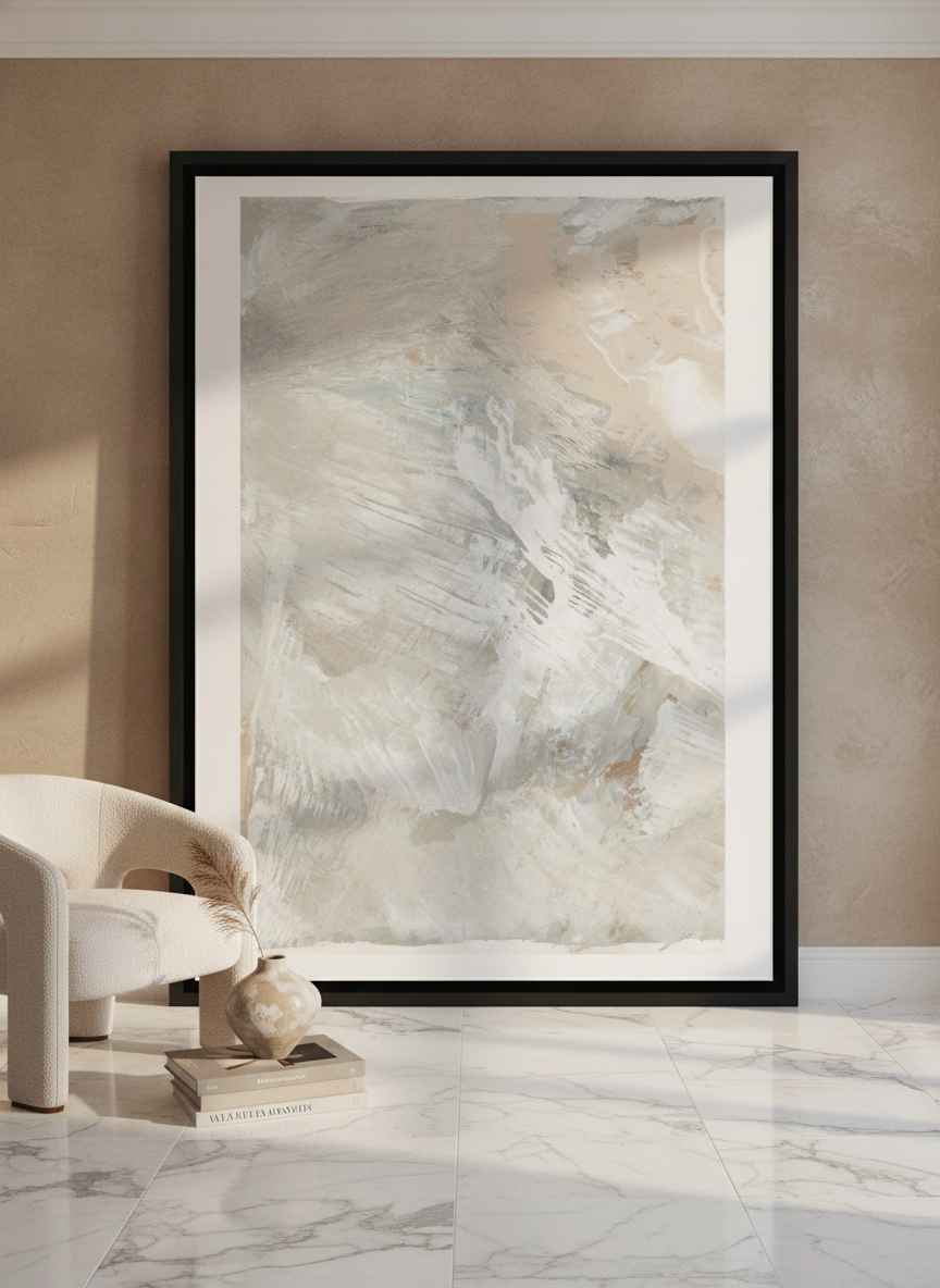 Oversized statement canvas wall art with a black surround leaning against the wall in a luxe living room