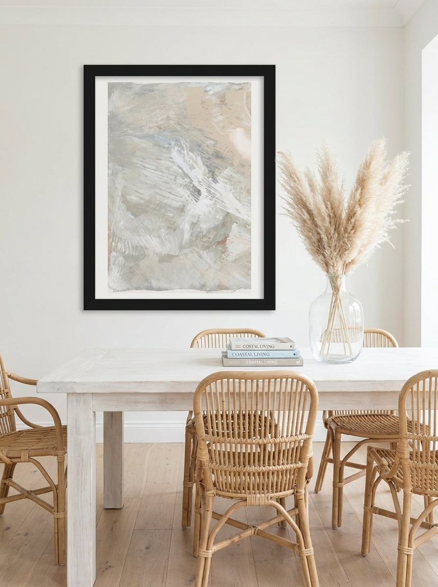 Modern wall art print styled on the wall in a coastal dining room