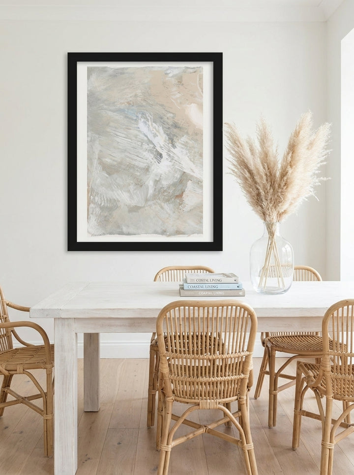 Modern wall art print styled on the wall in a coastal dining room
