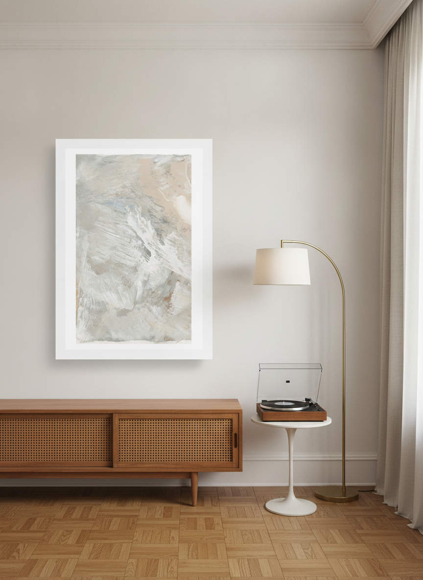Oversized statement modern wall art print styled on the wall in a mid-century living room