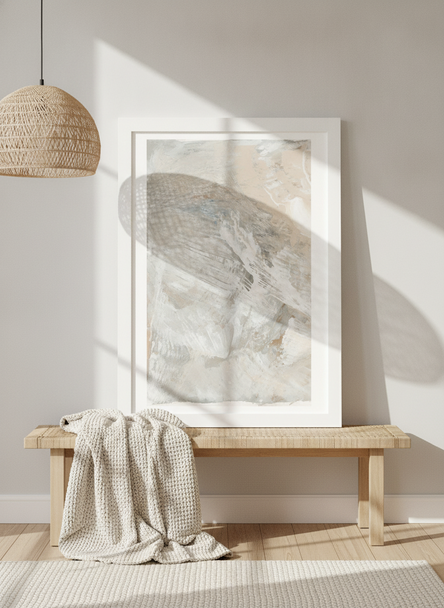 Modern wall art print standing on a bench in a bright Scandinavian home office