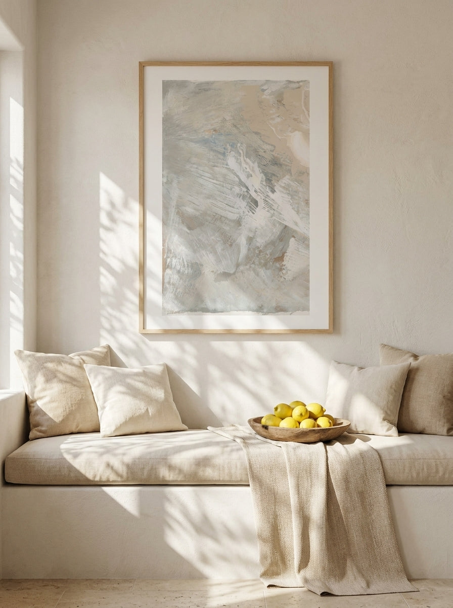 Modern wall art print styled on the wall in a Mediterranean living room