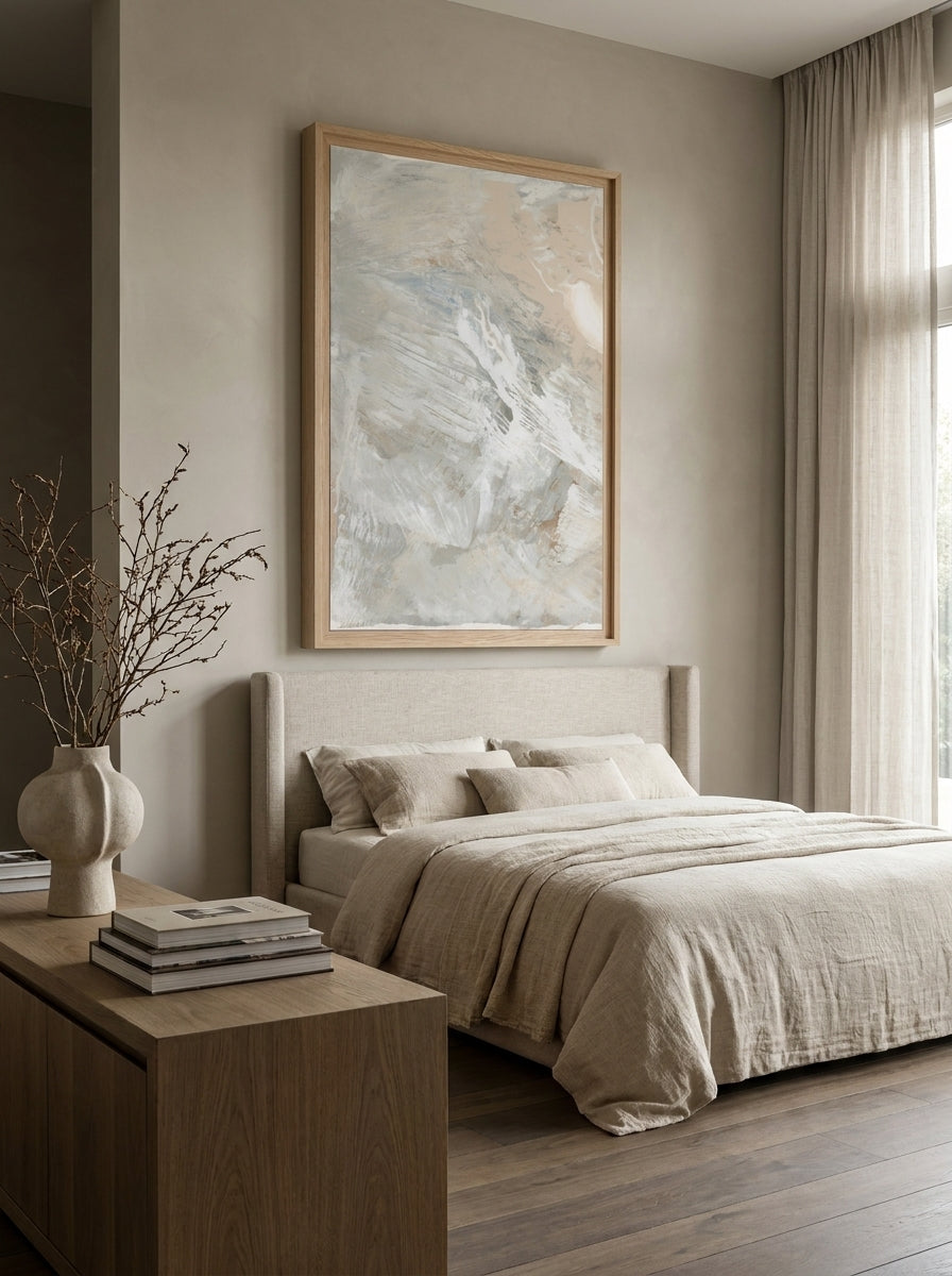 Oversized statement modern wall art print styled on the wall in a luxe bedroom