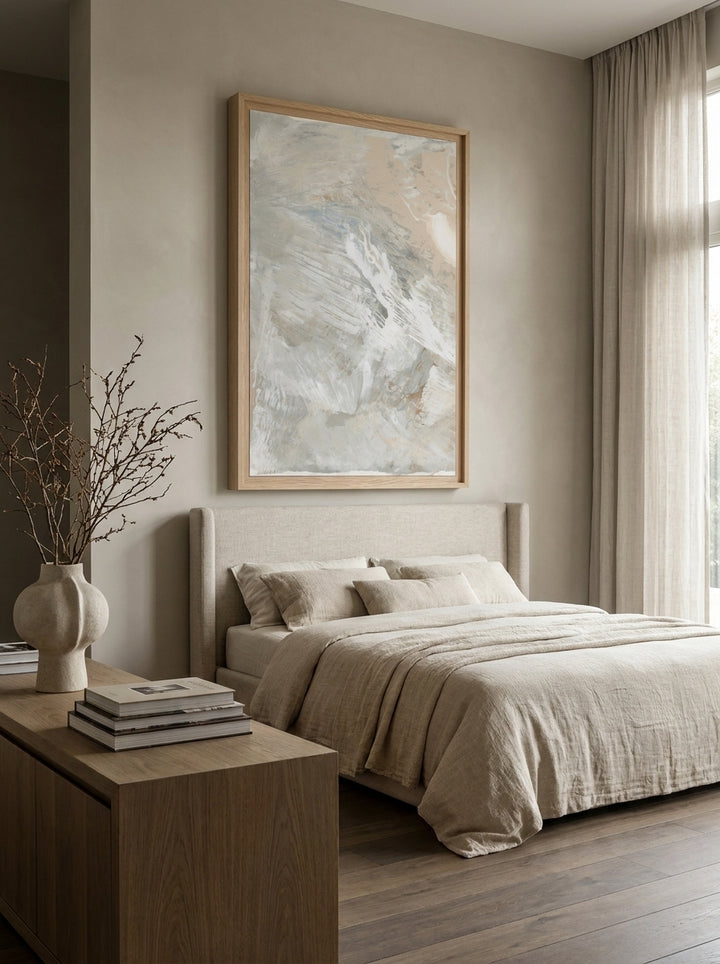 Oversized statement modern wall art print styled on the wall in a luxe bedroom