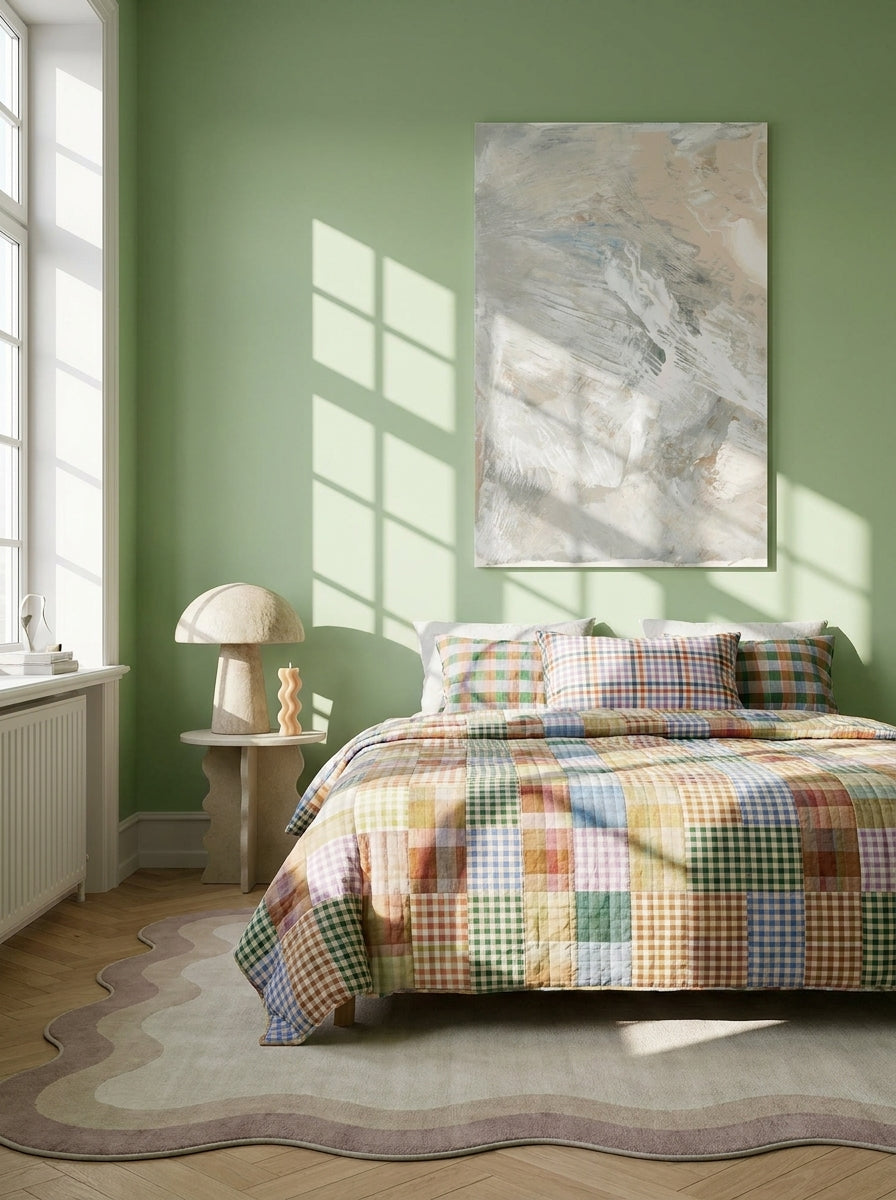 Stretched canvas wall art styled on the wall in a colourful eclectic bedroom