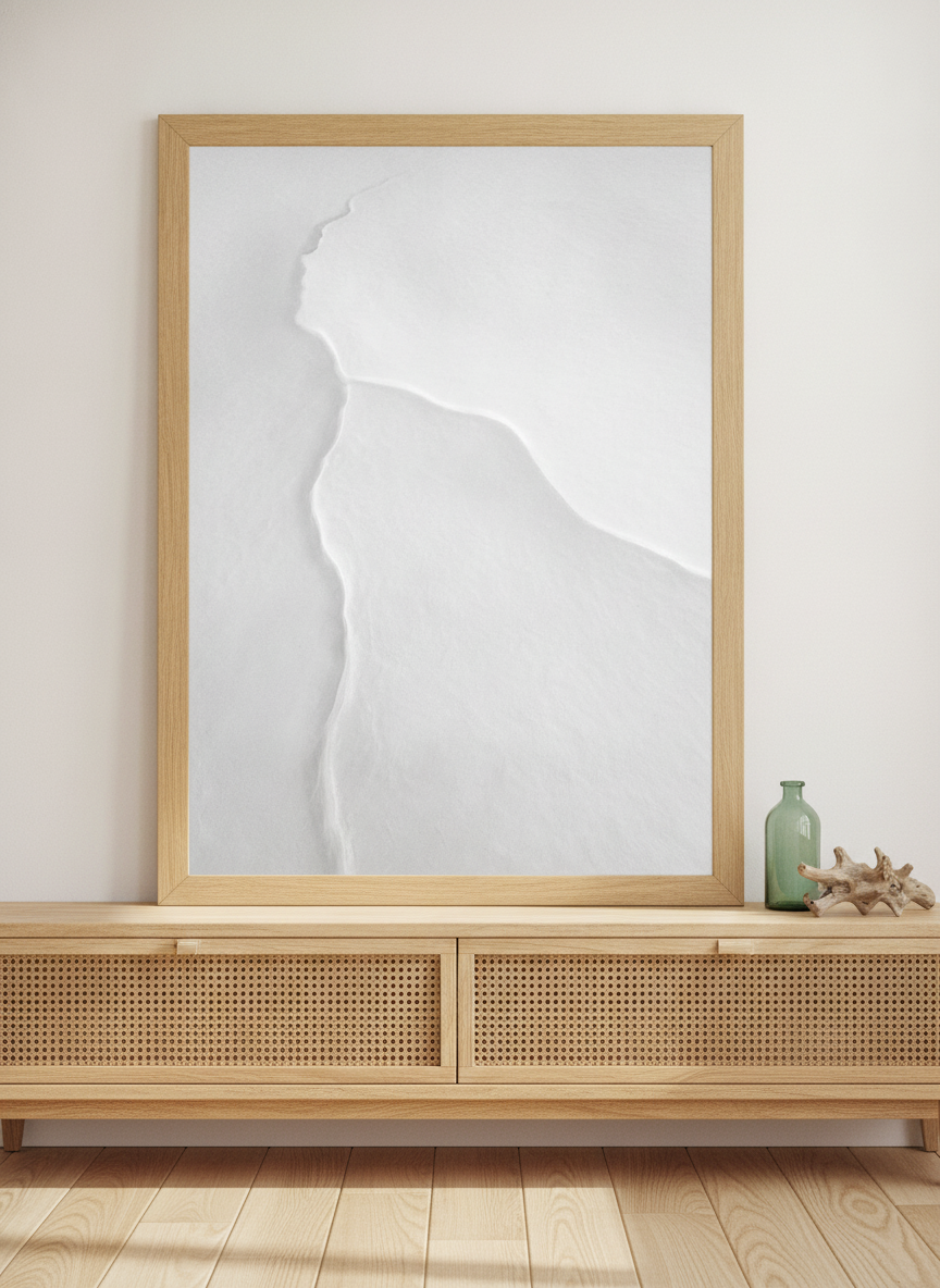 Modern wall art print standing on a sideboard in a coastal bathroom