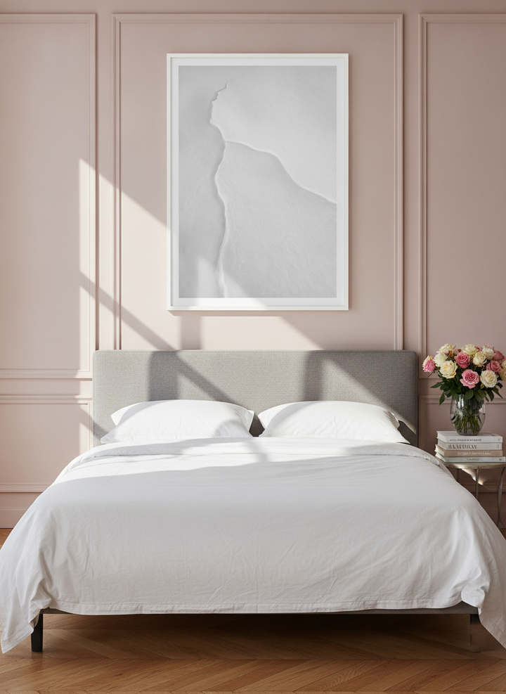 Modern wall art print styled on the wall in a Parisian bedroom