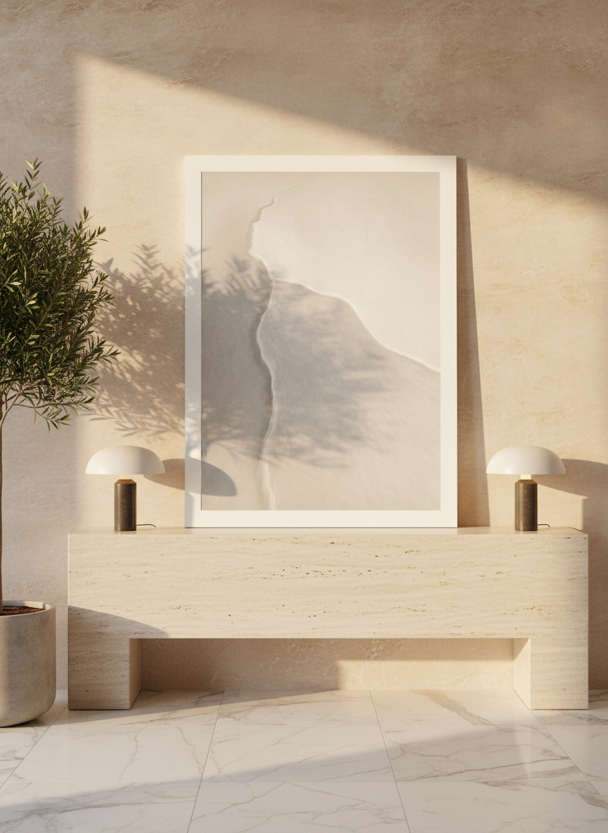 Modern wall art print standing on a console in a luxe home office