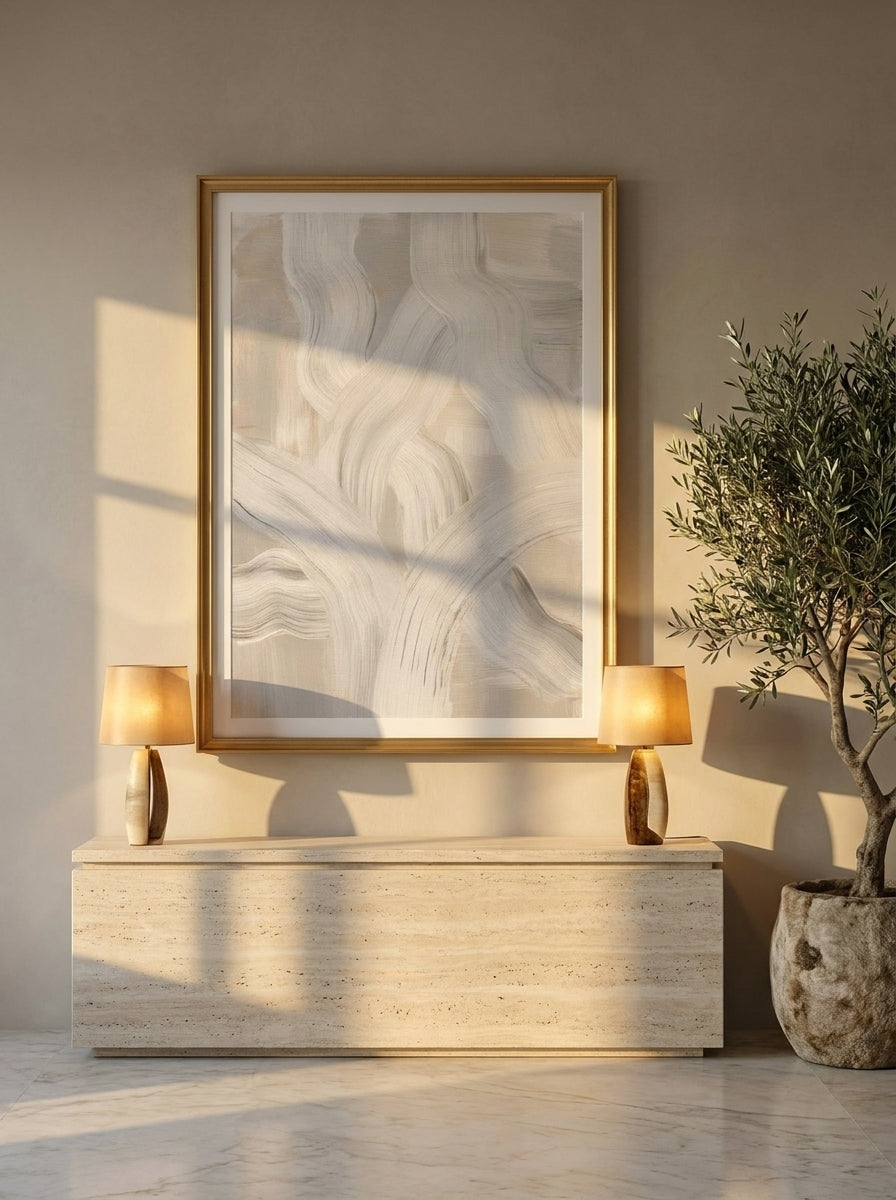 Modern wall art print styled on the wall in a luxe living room