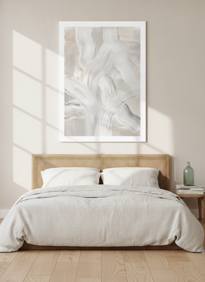 Modern wall art print styled on the wall in a coastal bedroom