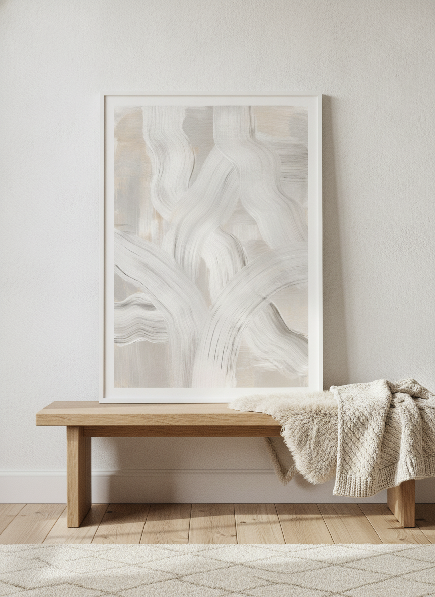 Modern wall art print standing on a bench in a bright Scandinavian home office