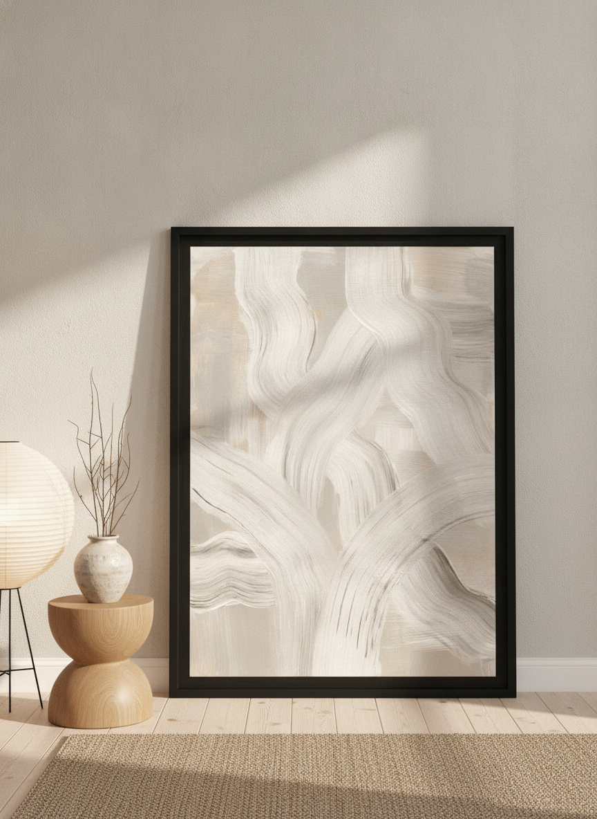 Oversized statement modern wall art print leaning against the wall in a warm Japandi bedroom