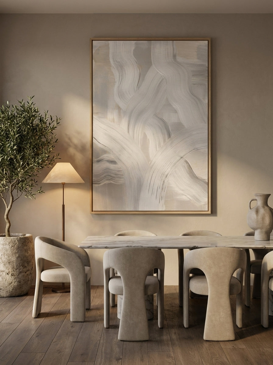 Oversized statement modern wall art print styled on the wall in a luxe dining room