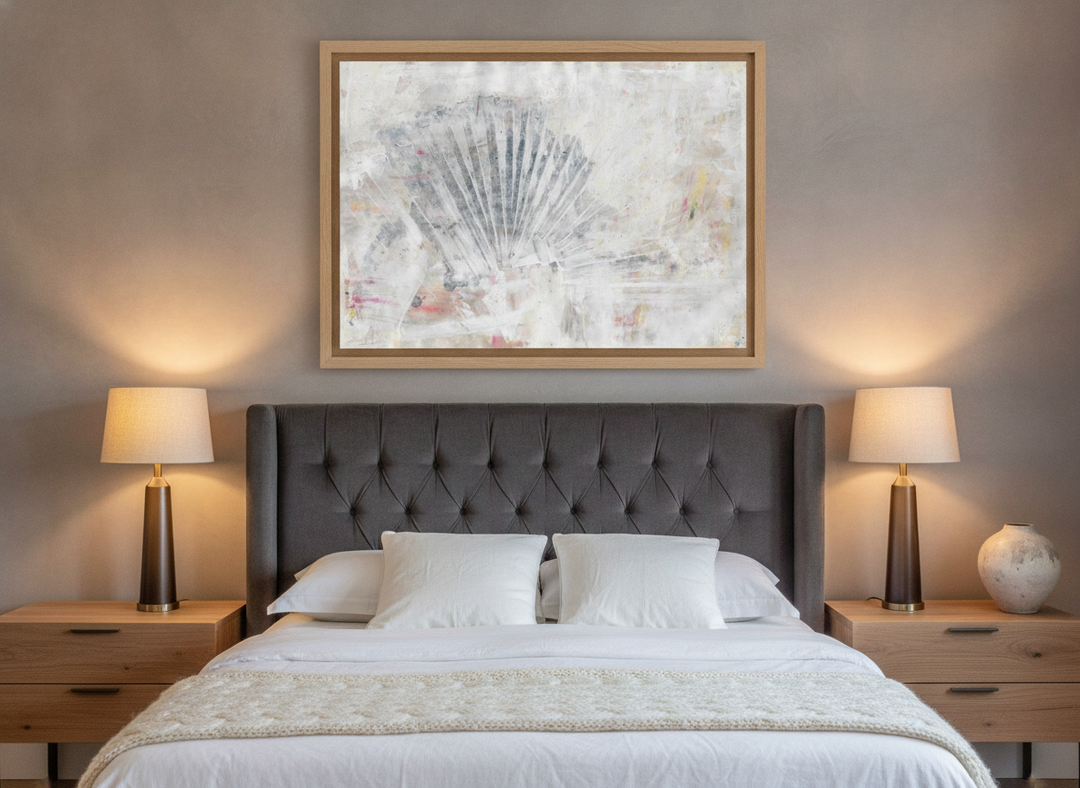 Oversized statement modern wall art print styled on the wall in a luxe bedroom