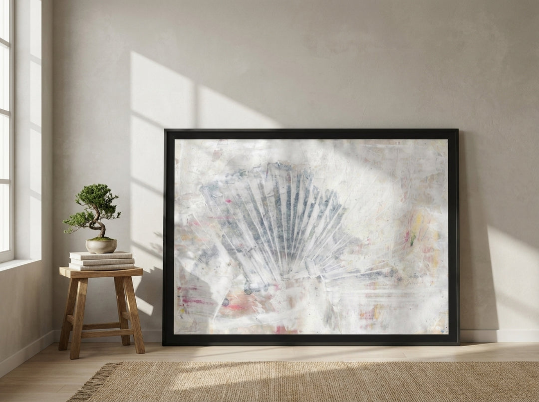 Oversized statement modern wall art print leaning against the wall in a warm Japandi bedroom