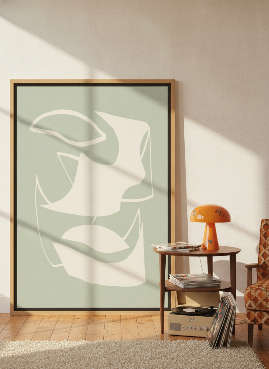 Oversized statement canvas wall art with a natural timber surround leaning against the wall in a retro 70s bedroom