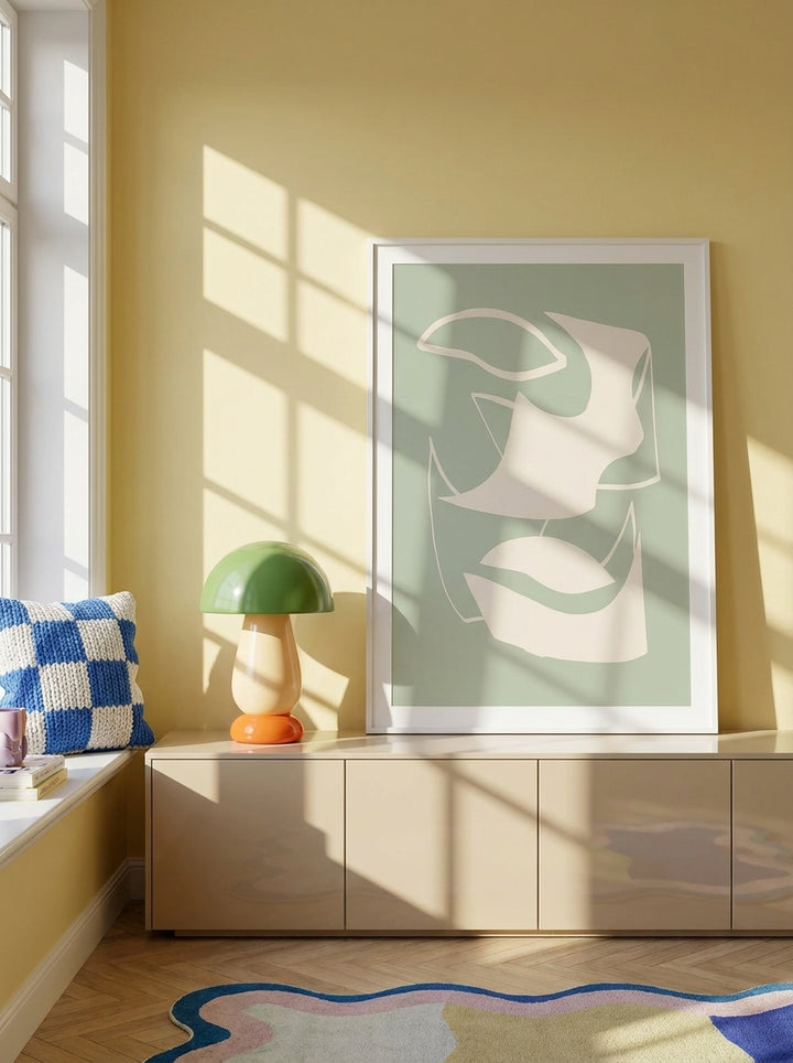 Modern wall art print standing on a sideboard in a colourful eclectic home office