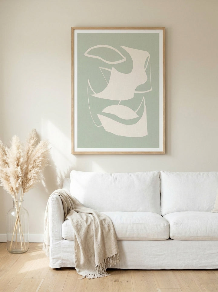Modern wall art print styled on the wall in a coastal living room