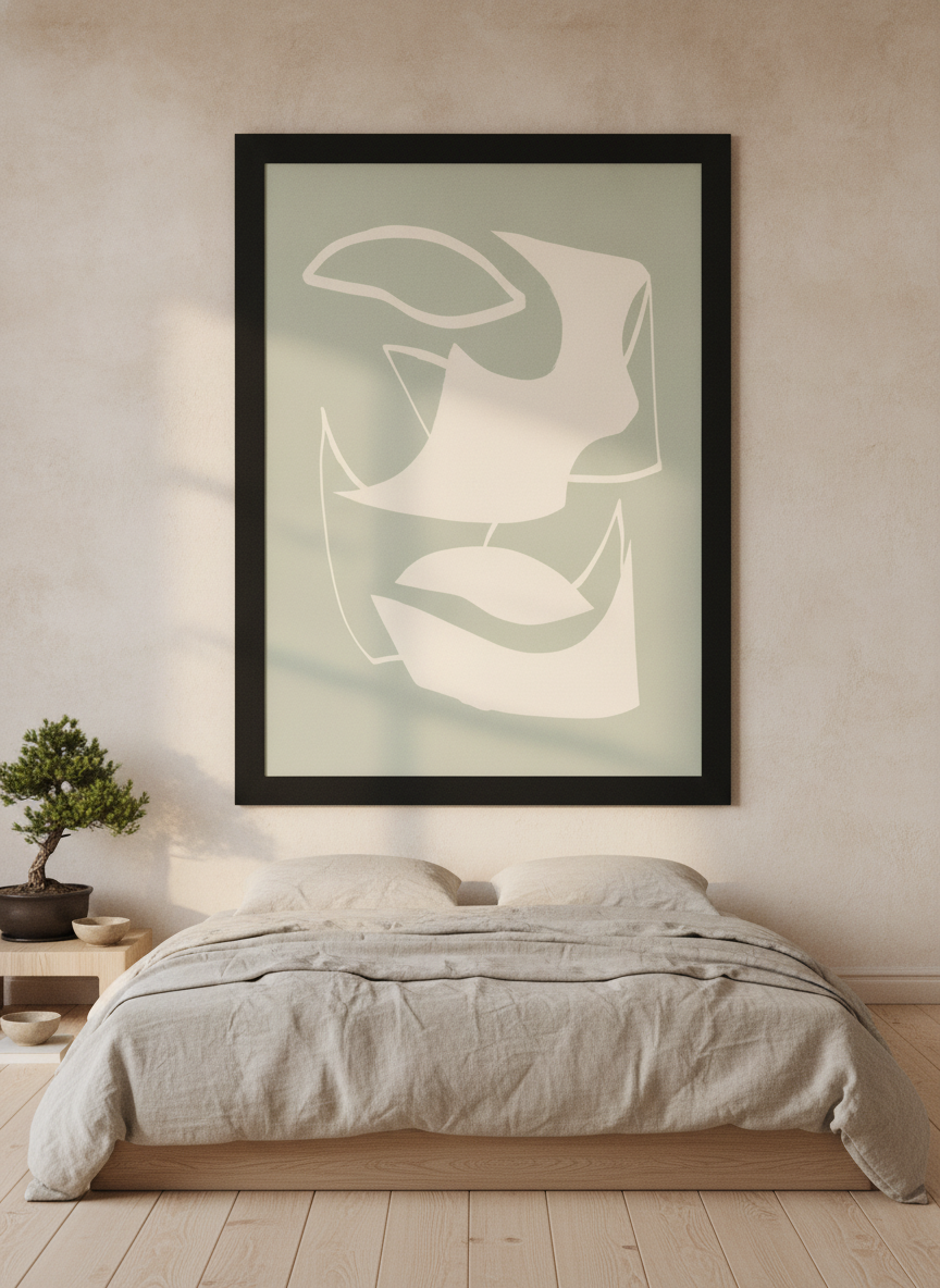 Oversized statement modern wall art print styled on the wall in a warm Japandi bedroom