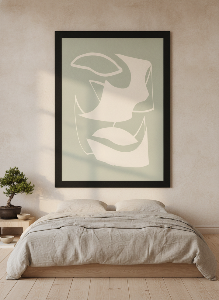 Oversized statement modern wall art print styled on the wall in a warm Japandi bedroom
