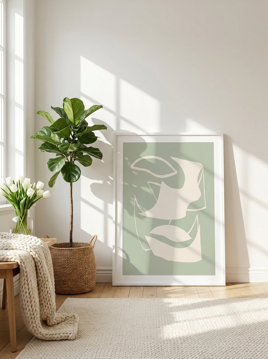 Modern wall art print leaning against the wall in a bright Scandinavian home office