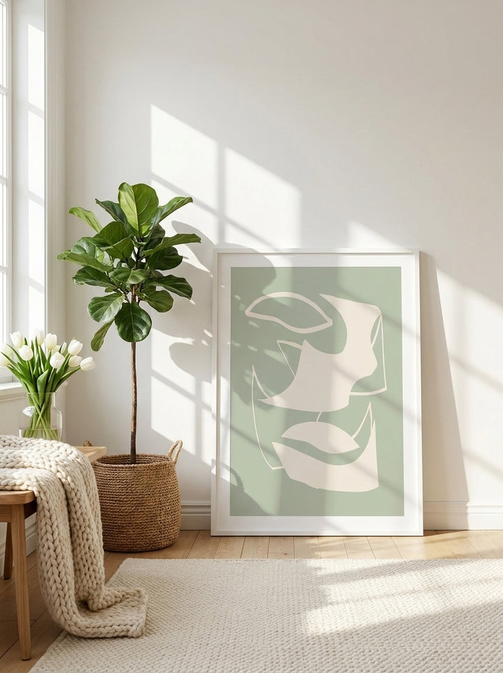 Modern wall art print leaning against the wall in a bright Scandinavian home office
