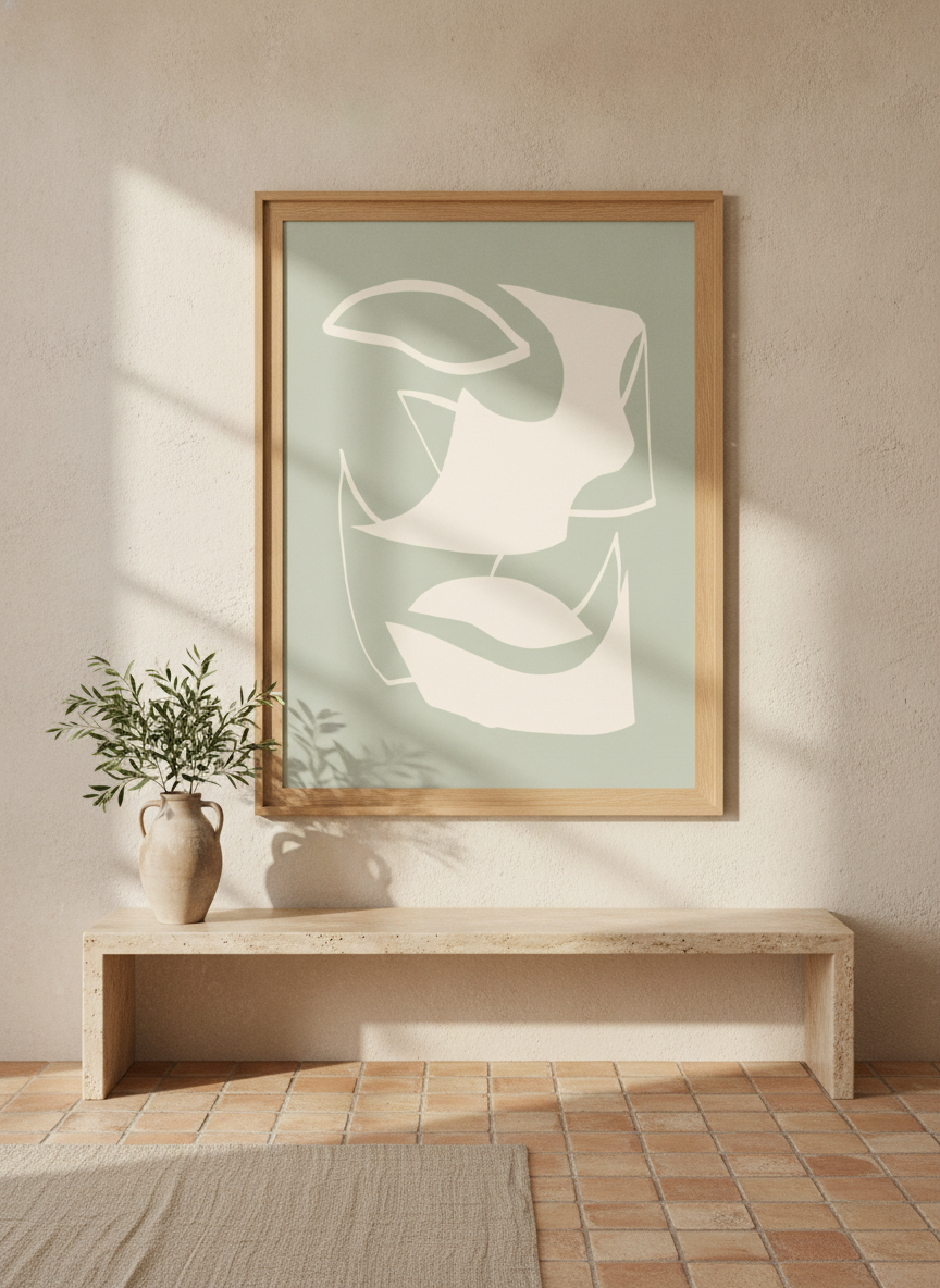 Oversized statement modern wall art print styled on the wall in a Mediterranean living room