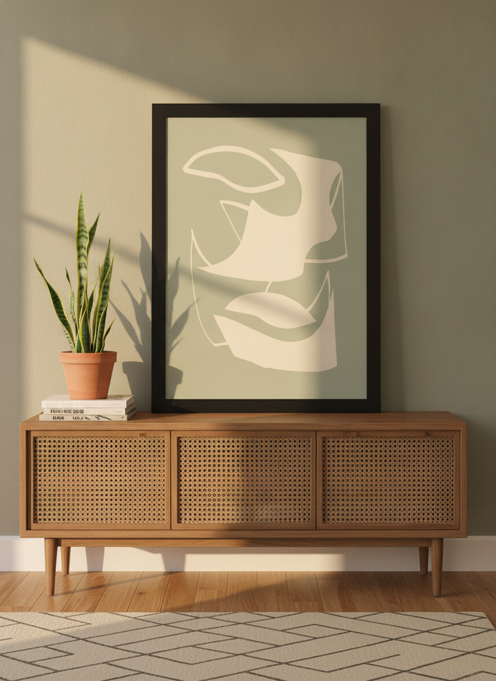 Modern wall art print standing on a sideboard in a mid-century bedroom
