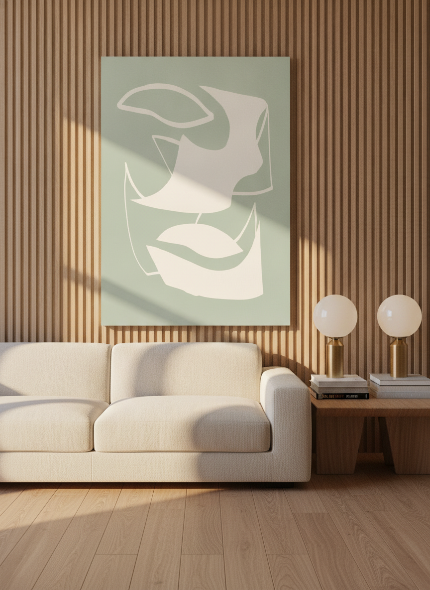 Stretched canvas wall art styled on the wall in a luxe living room