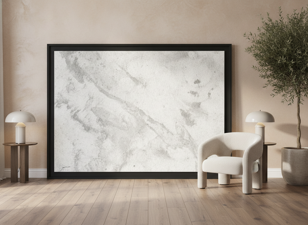 Oversized statement modern wall art print leaning against the wall in a luxe dining room