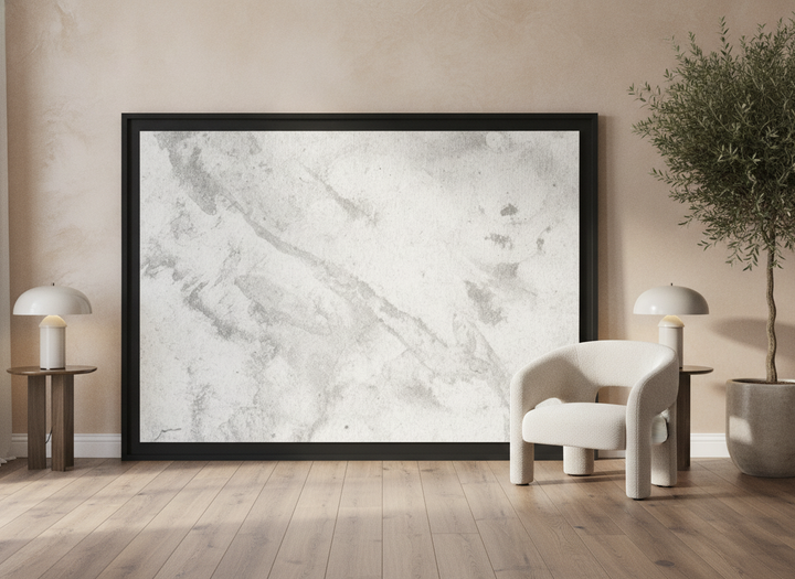 Oversized statement modern wall art print leaning against the wall in a luxe dining room