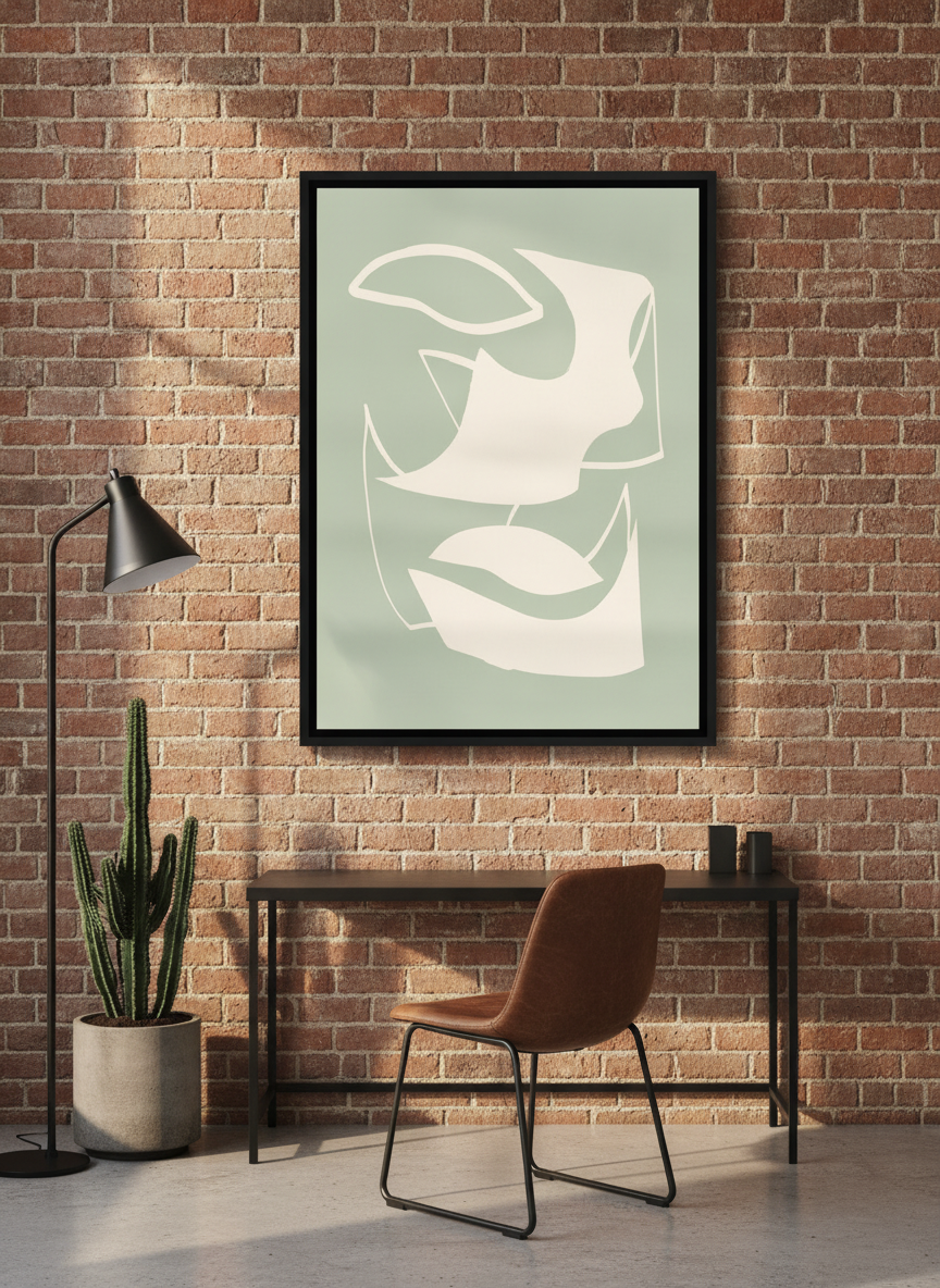 Canvas wall art with a black surround styled on the wall in an industrial loft home office