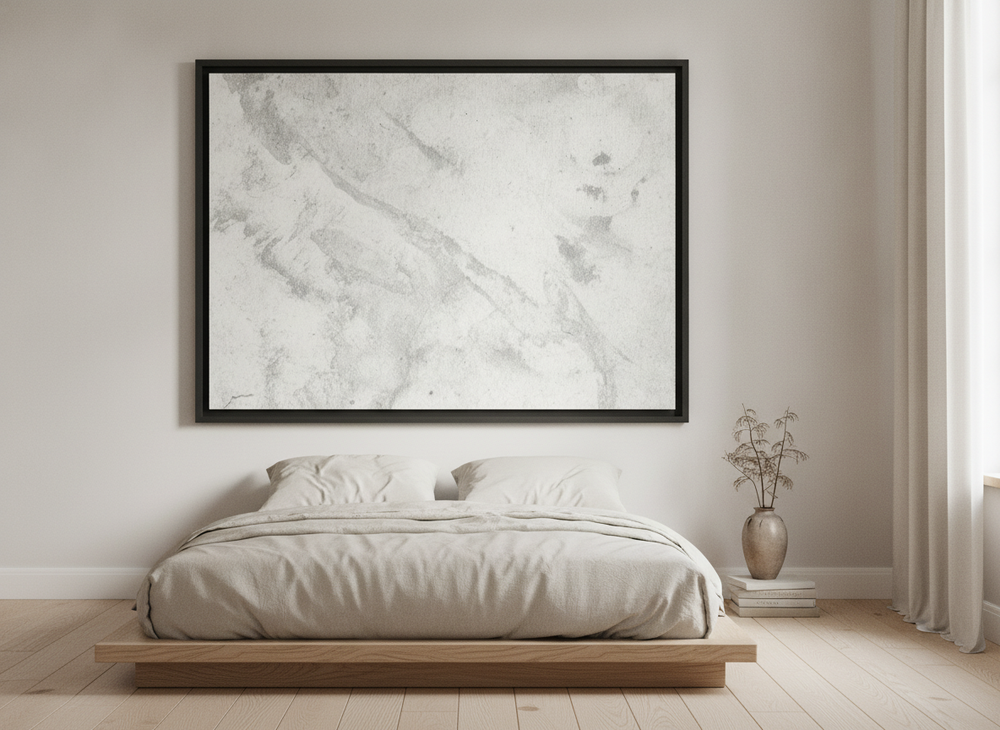 Oversized statement modern wall art print styled on the wall in a warm Japandi bedroom