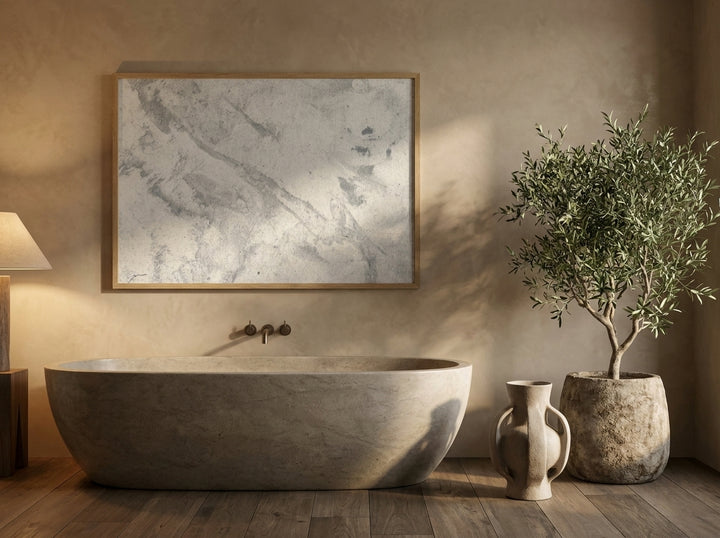 Modern wall art print styled on the wall in a luxe bathroom