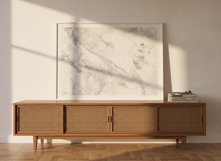 Modern wall art print standing on a sideboard in a mid-century living room