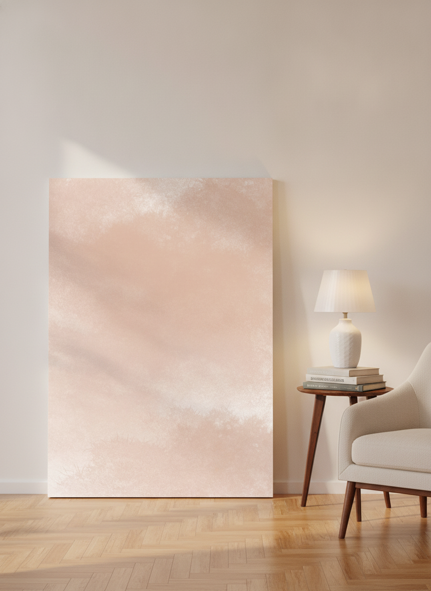 Stretched canvas wall art leaning against the wall in a mid-century living room