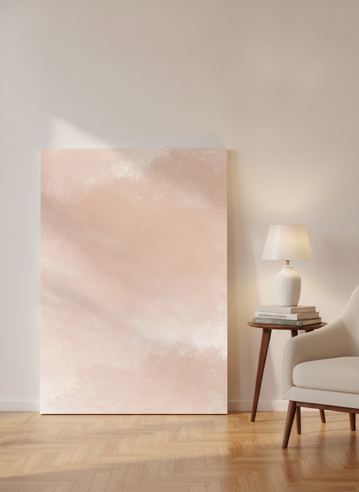 Stretched canvas wall art leaning against the wall in a mid-century living room
