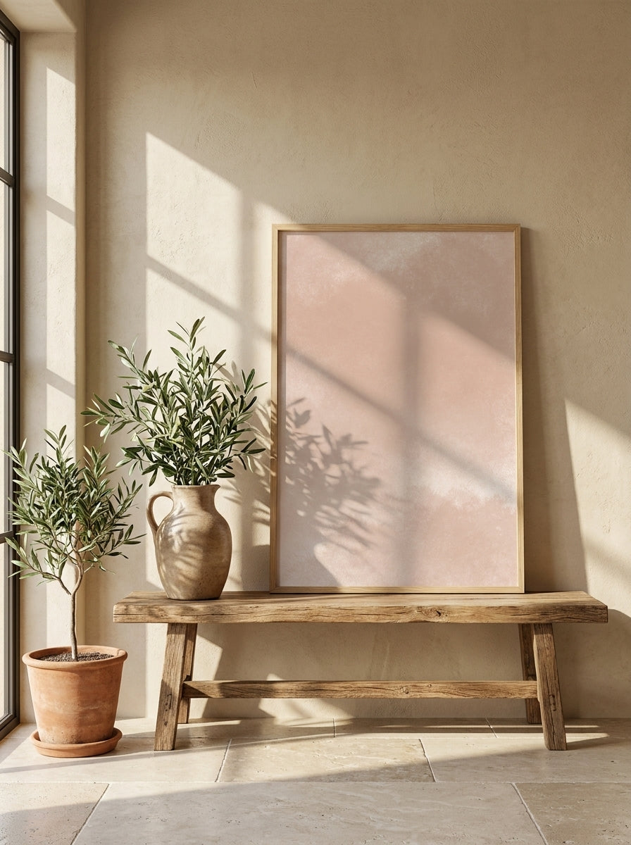 Modern wall art print standing on a bench in a Mediterranean home office