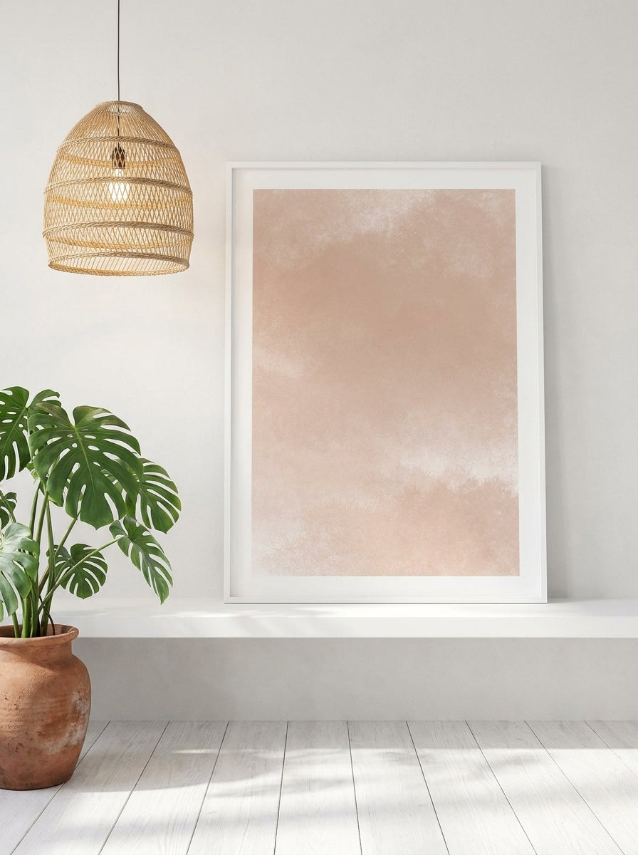 Modern wall art print standing on a shelf in a bright Scandinavian bathroom