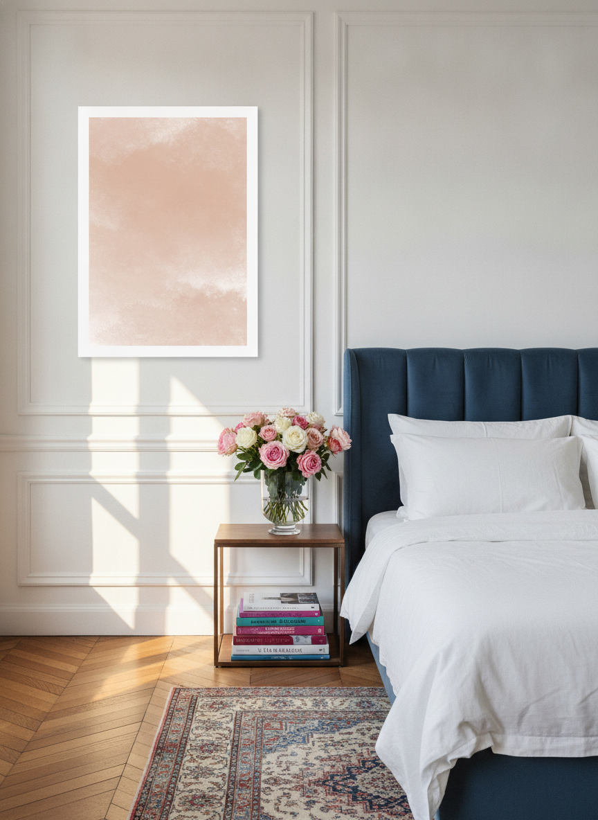 Modern wall art print styled on the wall in a Parisian bedroom