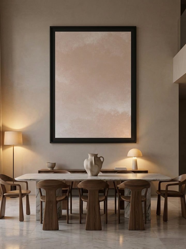 Oversized statement modern wall art print styled on the wall in a luxe dining room