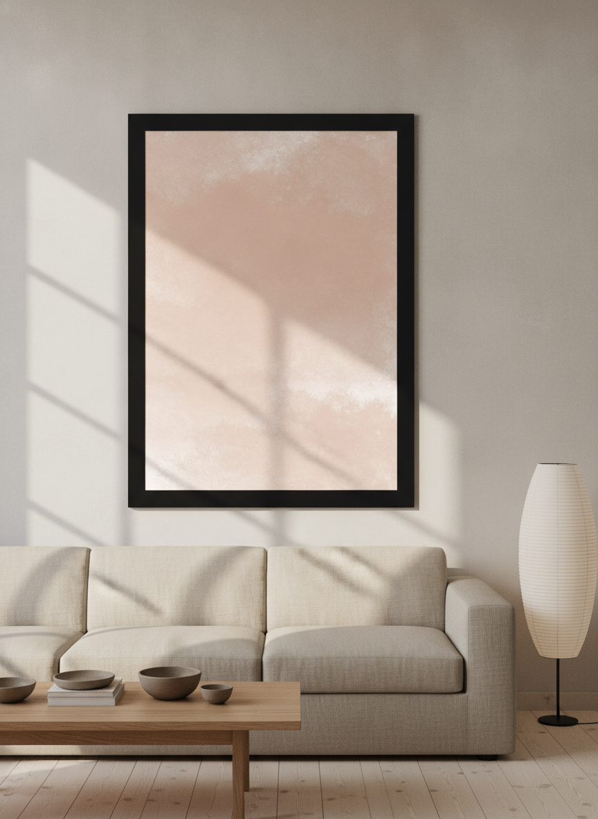 Oversized statement modern wall art print styled on the wall in a warm Japandi living room