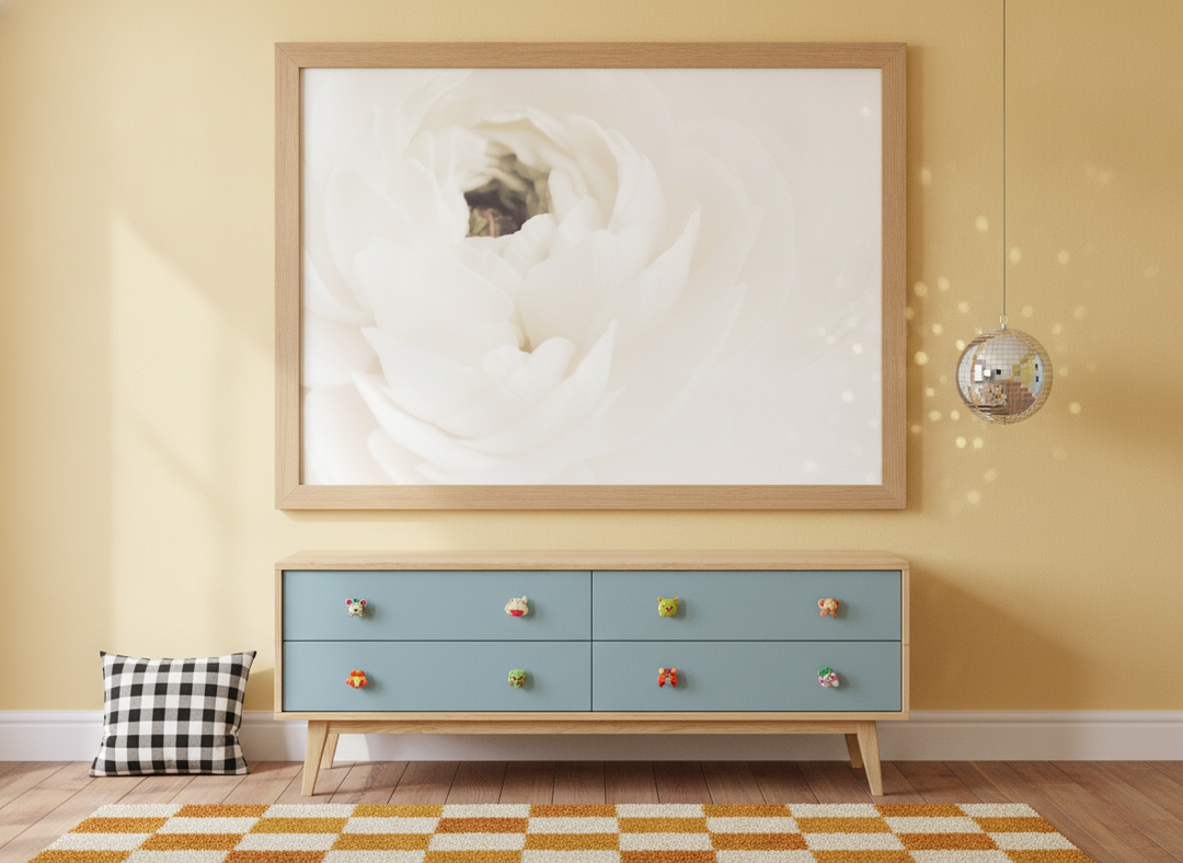 Modern wall art print styled on the wall in a colourful eclectic nursery