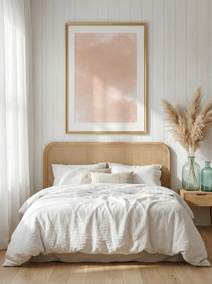 Modern wall art print styled on the wall in a coastal bedroom