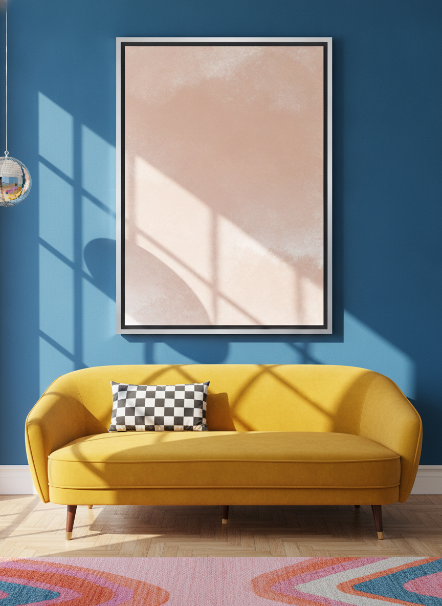 Oversized statement canvas wall art with a silver leaf surround styled on the wall in a colourful eclectic living room