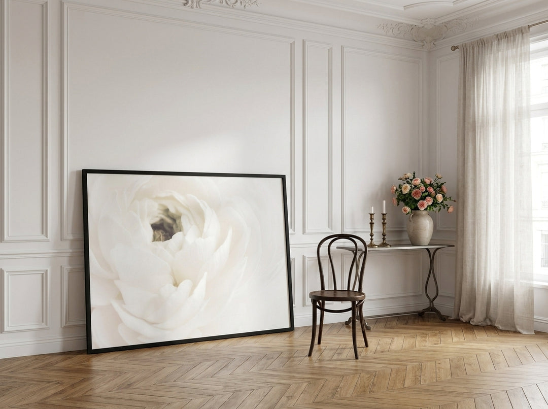 Oversized statement modern wall art print leaning against the wall in a Parisian dining room